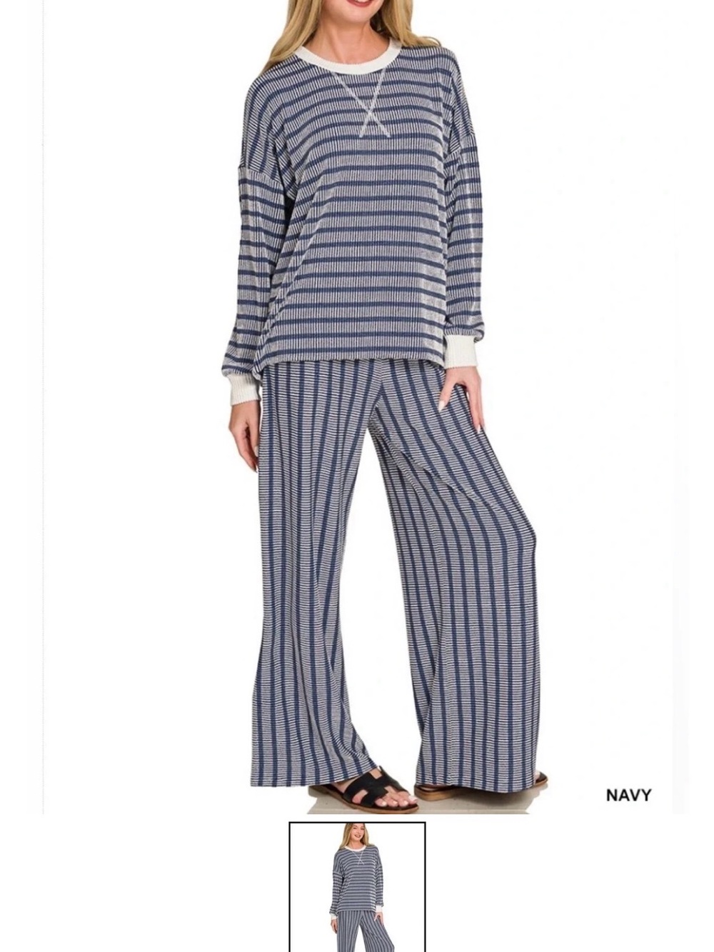 Zenana Striped Navy Wide-Leg Lounge Pants - Women's